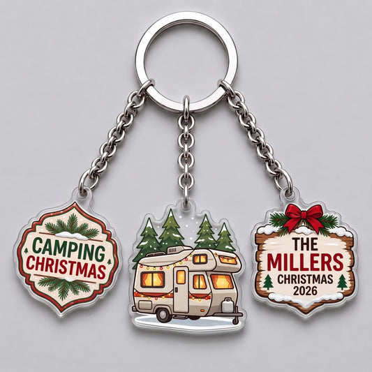 Personalized Camping Christmas Triple Charm Keychain - Custom Photo & Names | Christmas Gift | KC01 Hobbies & Lifestyle