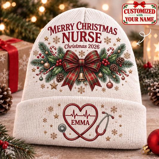 Personalized Merry Christmas Nurse Knitted Hat - Custom Name | Christmas Gift | ML01 Occupations