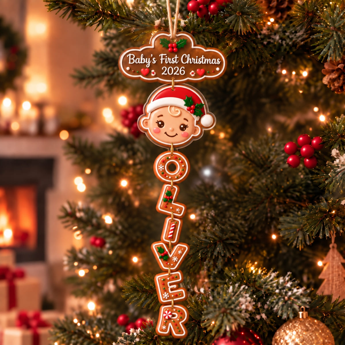 (Made In The USA) Personalized Baby's First Christmas Vertical Drop Acrylic Ornament - Custom Photo & Name | Christmas Gift | ONM03 Family