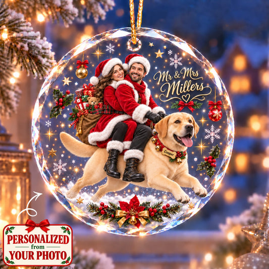 (Made In The USA) Personalized Couple Mr & Mrs & Pet Christmas Round Glass Ornament - Custom Photo, Name & Pet | Christmas Gift | ONM01 Couples