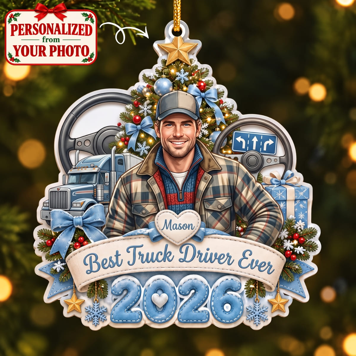 (Made In The USA) Personalized Trucker Blue Christmas Ornament - Custom Photo & Name | Christmas Gift | ONM04 Occupations