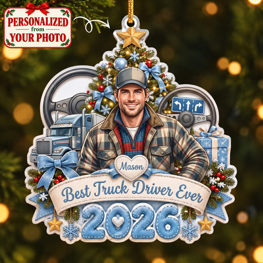 (Made In The USA) Personalized Trucker Blue Christmas Ornament - Custom Photo & Name | Christmas Gift | ONM04 Occupations