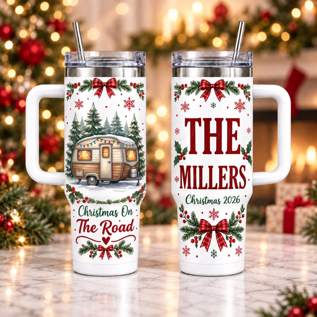 Personalized Christmas On The Road 40oz Tumbler with Handle – Custom Names | Christmas Gift | TBL01 Hobbies & Lifestyle