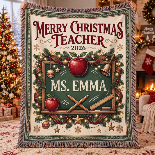 Personalized Merry Christmas Teacher Woven Blanket - Custom Name | Christmas Gift | WBL01 Occupations