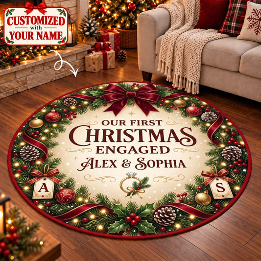Personalized Our First Christmas Engaged Round Rug - Custom Name | Christmas Gift | RRD01 Couples