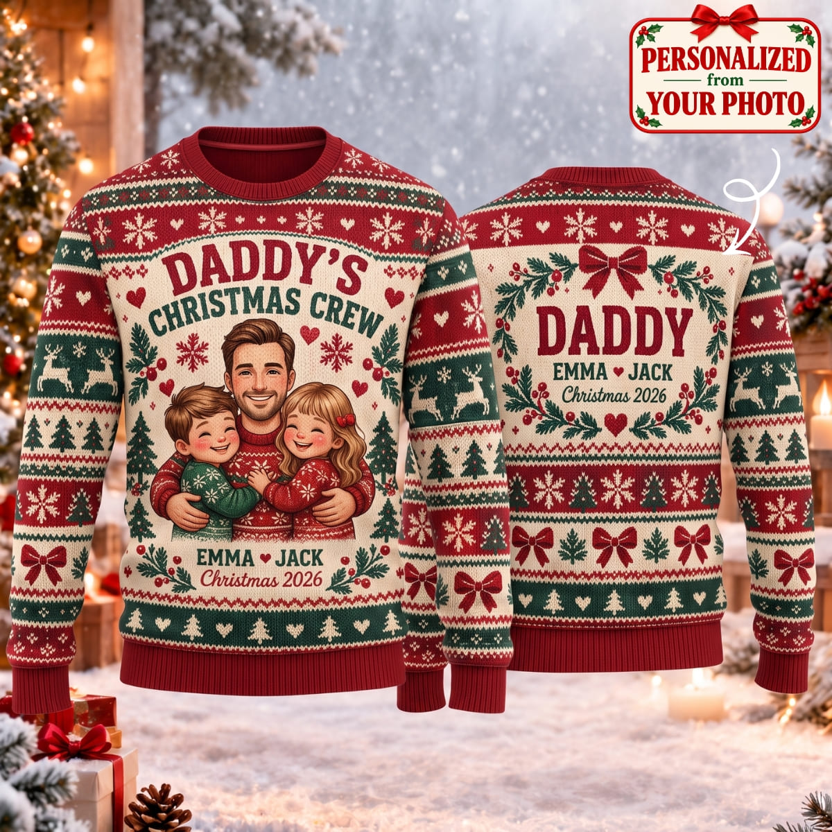 Personalized Daddy's Christmas Crew Ugly Sweater - Custom Photo & Names | Christmas Gift | UGS01 Family