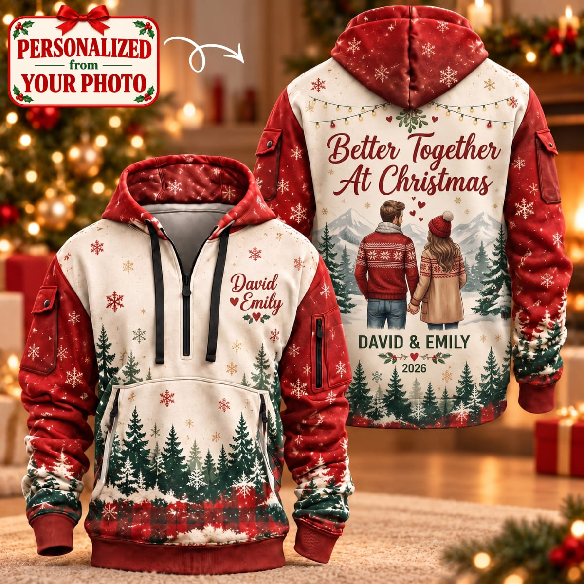Personalized Better Together At Christmas Quarter Zipper Hoodie - Custom Photo & Name | Christmas Gift | HDZ01 Couples