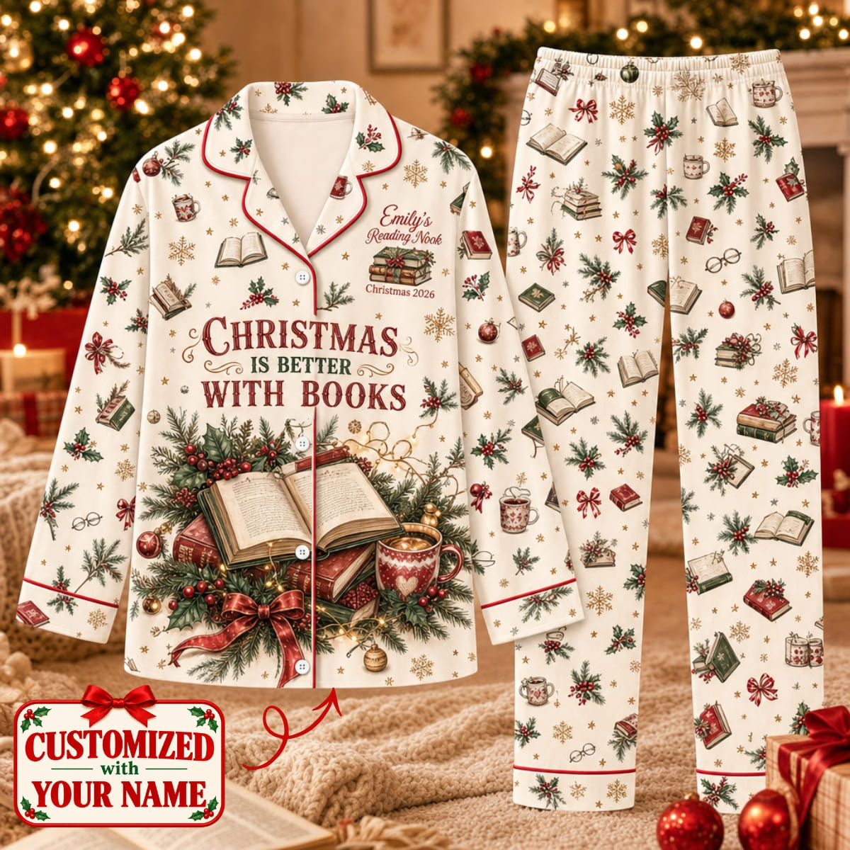 Personalized Book Lover Christmas Long Pajama Set - Custom Name | Christmas Gift | PYM01 Hobbies & Lifestyle