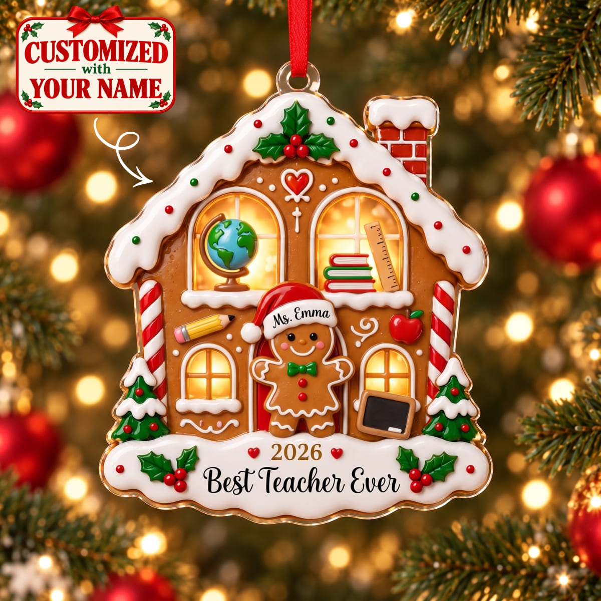 (Made In The USA) Personalized Teacher Christmas Gingerbread House Acrylic Ornament - Custom Name | Christmas Gift | ONM02 Occupations