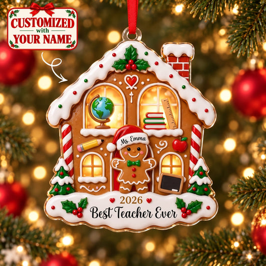 (Made In The USA) Personalized Teacher Christmas Gingerbread House Acrylic Ornament - Custom Name | Christmas Gift | ONM02 Occupations