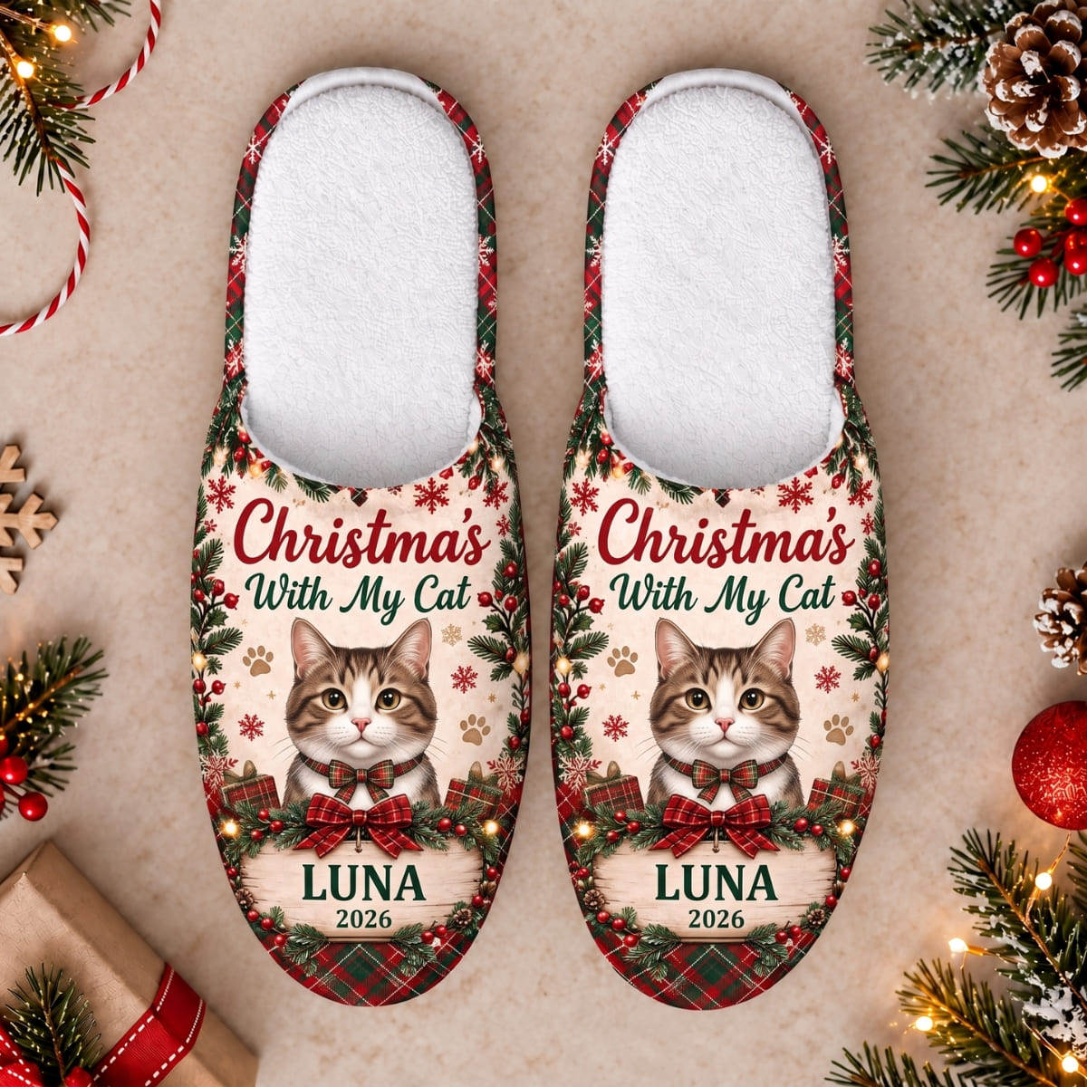 Personalized Christmas With My Cat Slippers - Custom Photo & Name | Christmas Gift | SLP01 Pets