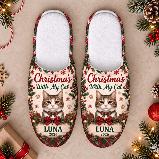 Personalized Christmas With My Cat Slippers - Custom Photo & Name | Christmas Gift | SLP01 Pets
