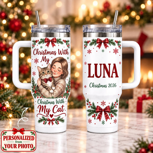 Personalized Christmas With My Cat 40oz Tumbler with Handle – Custom Photo & Names | Christmas Gift | TBL01 Pets