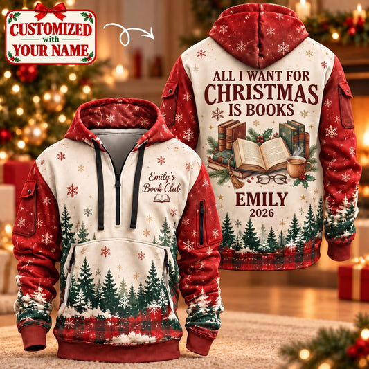 Personalized Book Lover Christmas Quarter Zipper Hoodie - Custom Name | Christmas Gift | HDZ01 Hobbies & Lifestyle