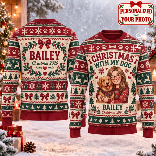 Personalized Christmas With My Dog Ugly Sweater - Custom Photo & Names | Christmas Gift | UGS01 Pets