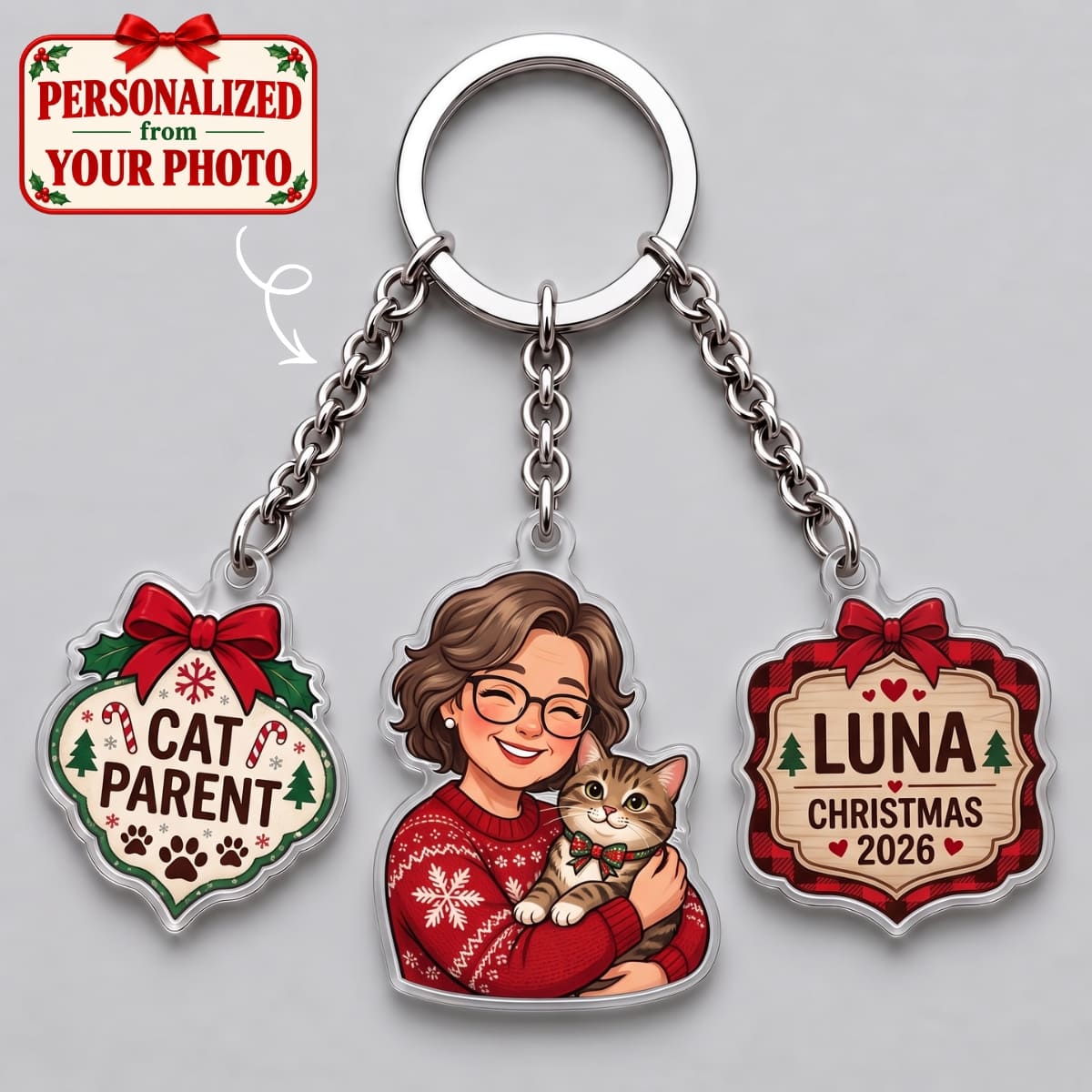 Personalized Cat Parent Triple Charm Keychain - Custom Photo & Names | Christmas Gift | KC01 Pets