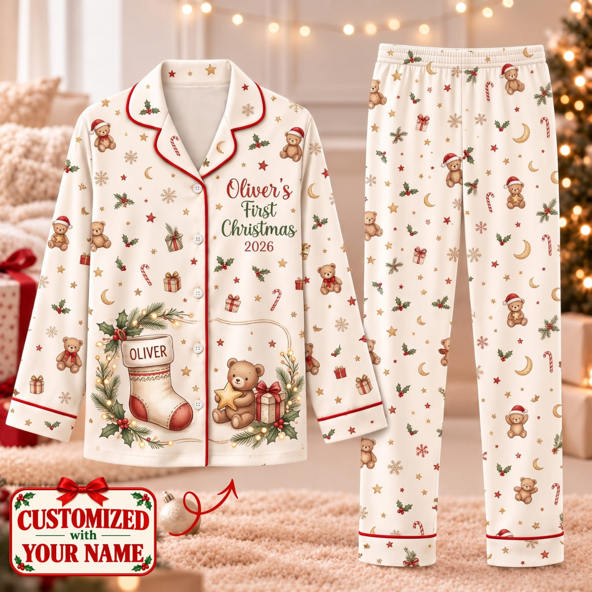 Personalized Baby's First Christmas Long Pajama Set - Custom Name | Christmas Gift | PYM01 Family