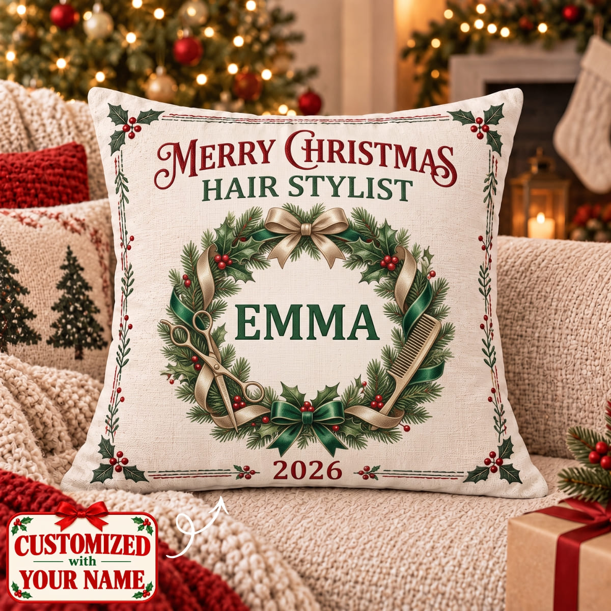 Personalized Merry Christmas Hair Stylist Pillow - Custom Name | Christmas Gift | HPL01 Occupations