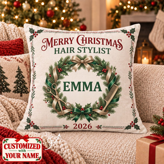 Personalized Merry Christmas Hair Stylist Pillow - Custom Name | Christmas Gift | HPL01 Occupations