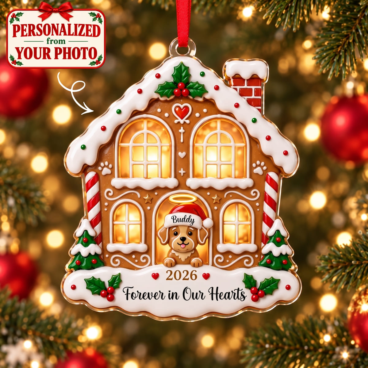 (Made In The USA) Personalized Pet Forever In Our Hearts Christmas Gingerbread House Acrylic Ornament - Custom Photo & Name | Christmas Gift | ONM02 Pets