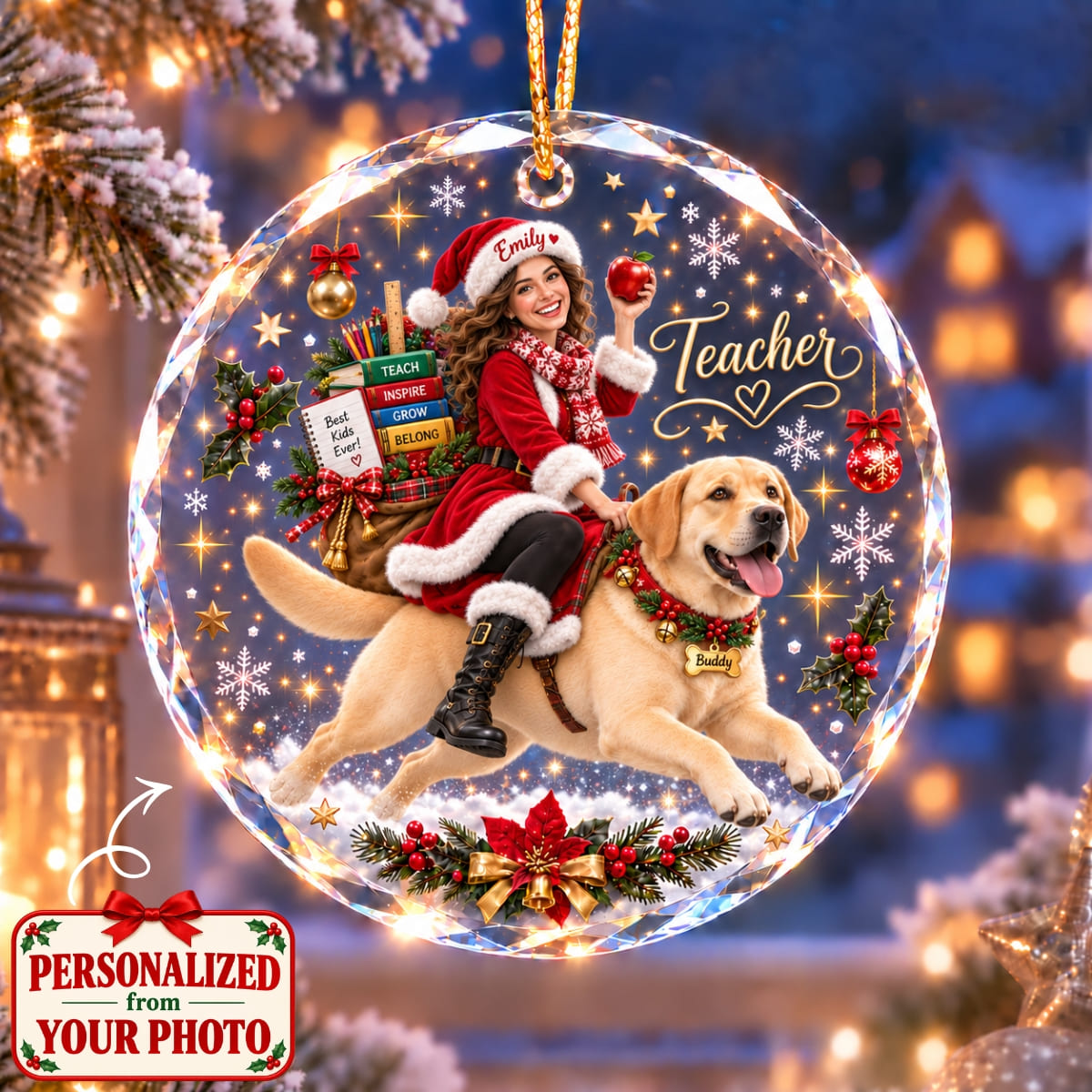 (Made In The USA) Personalized Teacher & Pet Christmas Round Glass Ornament - Custom Photo, Name & Pet | Christmas Gift | ONM01 Occupations