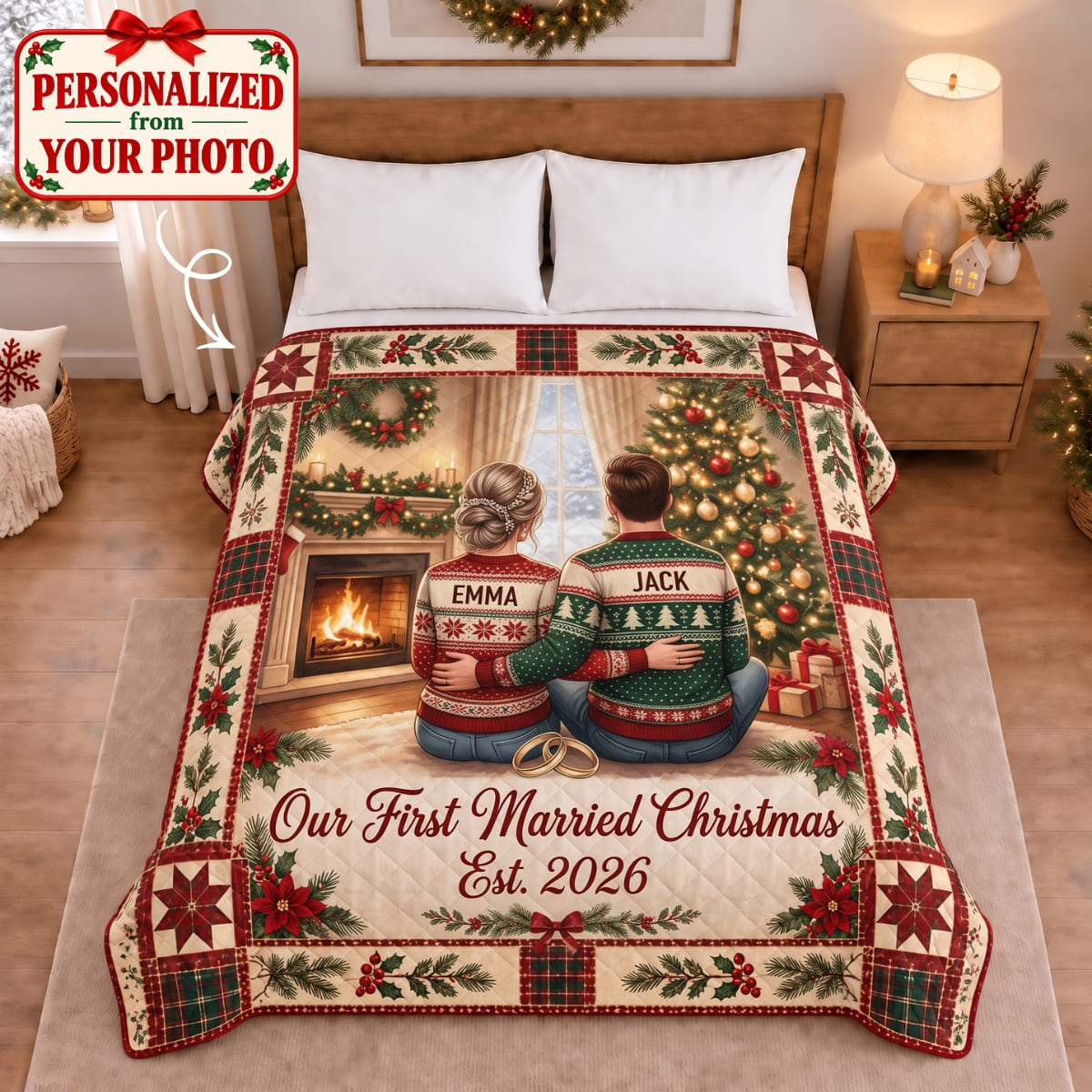 Personalized Our First Christmas Married Quilted Blanket - Custom Photo & Name | Christmas Gift | QBL01 Couples