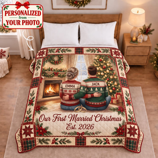 Personalized Our First Christmas Married Quilted Blanket - Custom Photo & Name | Christmas Gift | QBL01 Couples