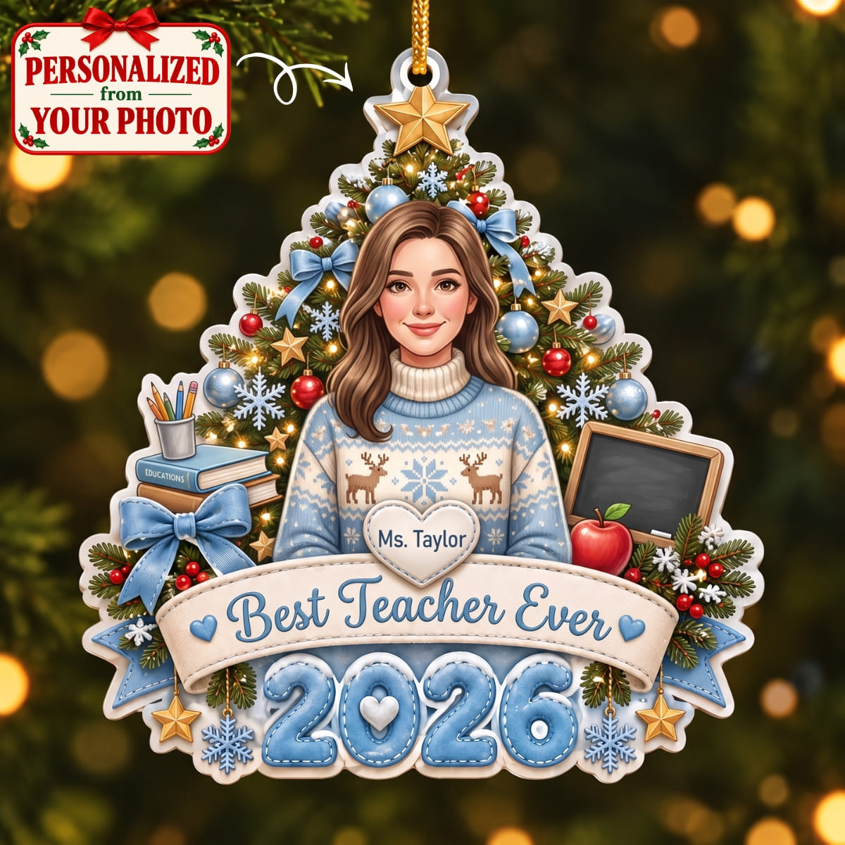 (Made In The USA) Personalized Teacher Blue Christmas Ornament - Custom Photo & Name | Christmas Gift | ONM04 Occupations