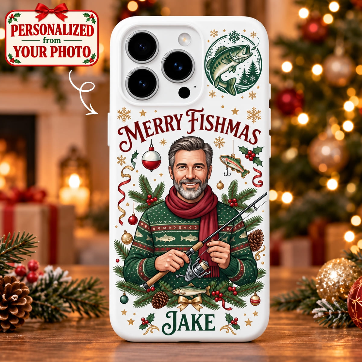 Personalized Fishing Merry Christmas iPhone Case - Custom Photo & Name | Christmas Gift | PHC01 Hobbies & Lifestyle