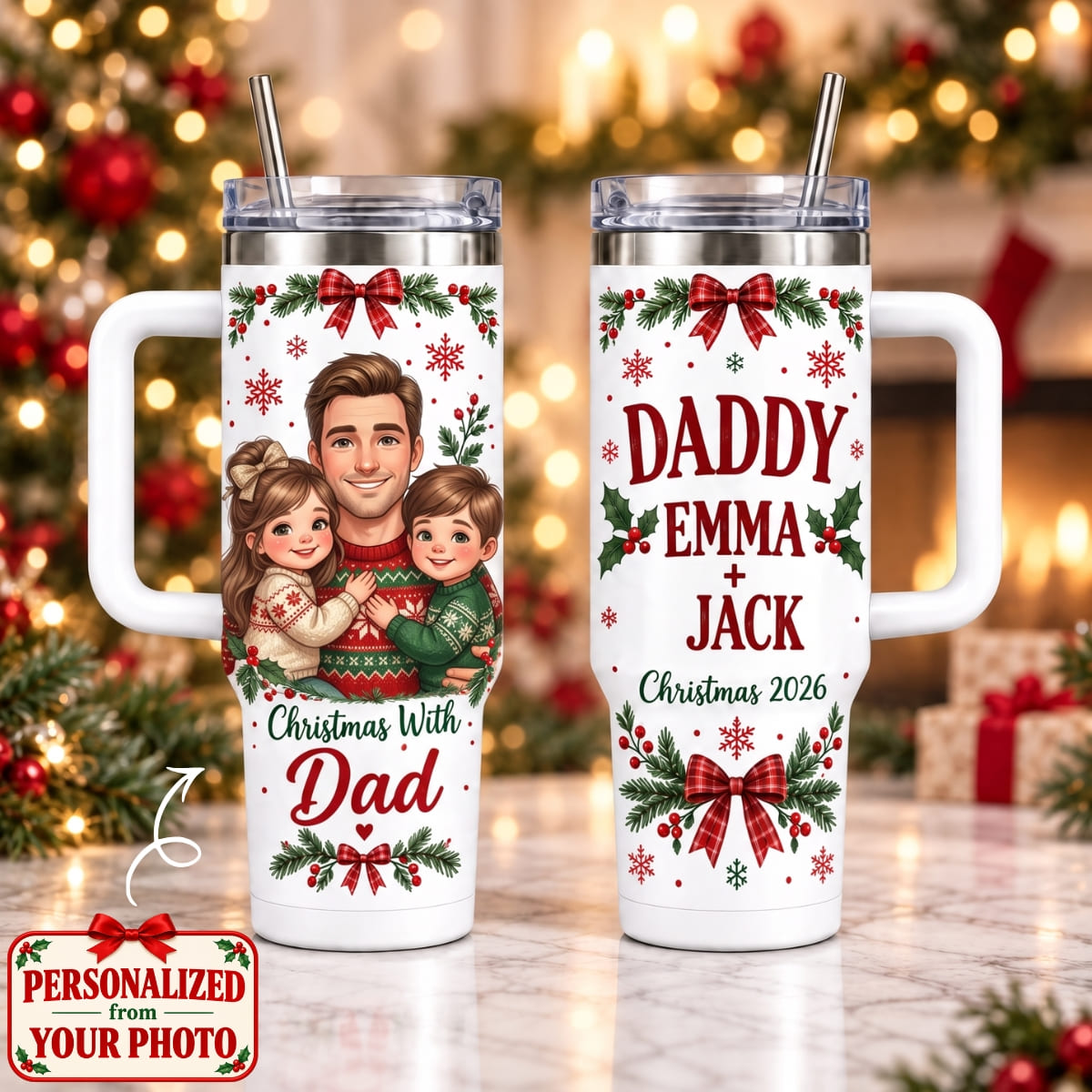 Personalized Christmas With Dad 40oz Tumbler with Handle – Custom Photo & Names | Christmas Gift | TBL01 Family