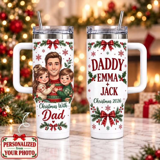 Personalized Christmas With Dad 40oz Tumbler with Handle – Custom Photo & Names | Christmas Gift | TBL01 Family