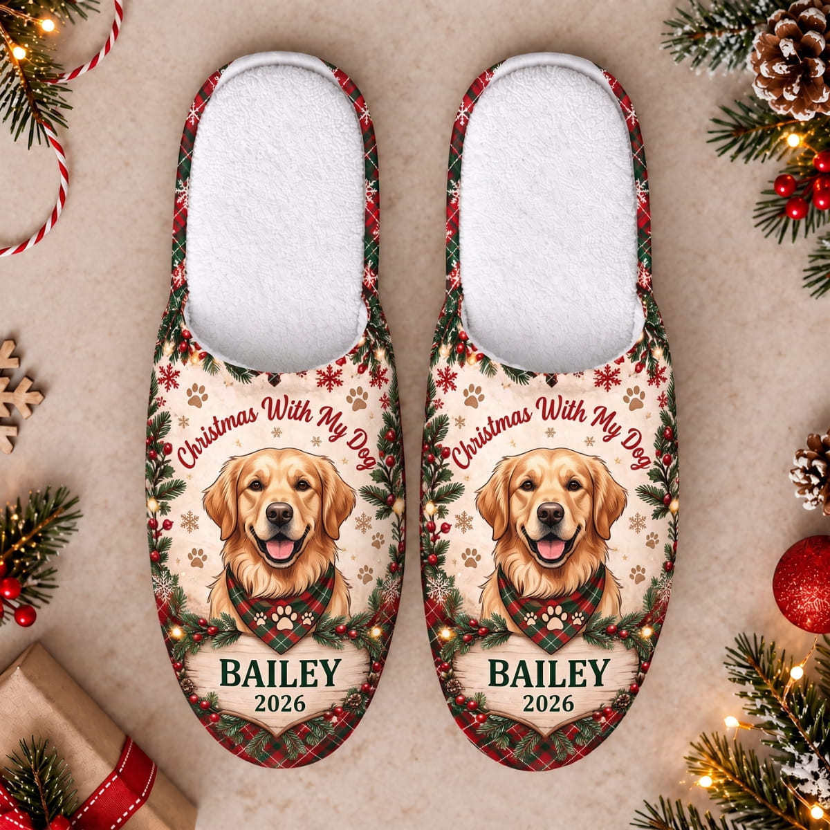 Personalized Christmas With My Dog Slippers - Custom Photo & Name | Christmas Gift | SLP01 Pets