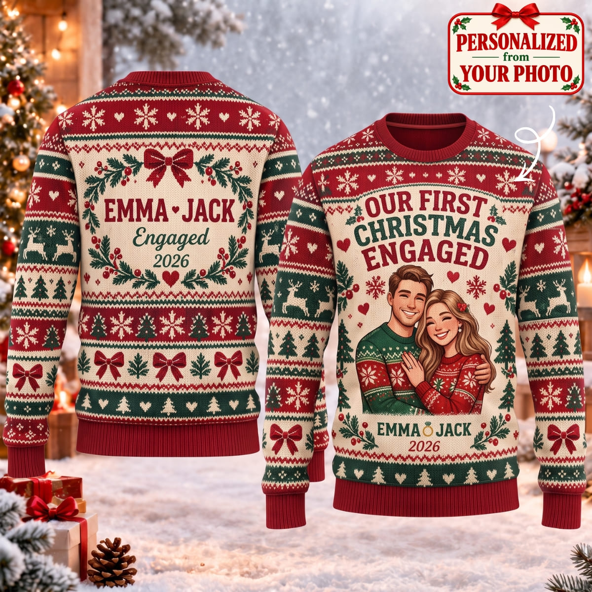 Personalized Our Christmas Engaged Ugly Sweater - Custom Photo & Names | Christmas Gift | UGS01 Couples