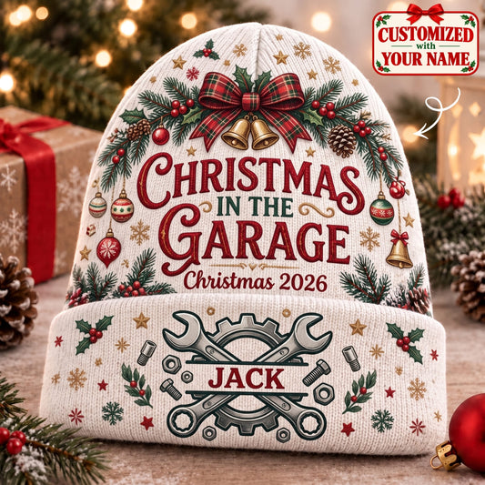 Personalized Christmas In The Garage Knitted Hat - Custom Name | Christmas Gift | ML01 Occupations