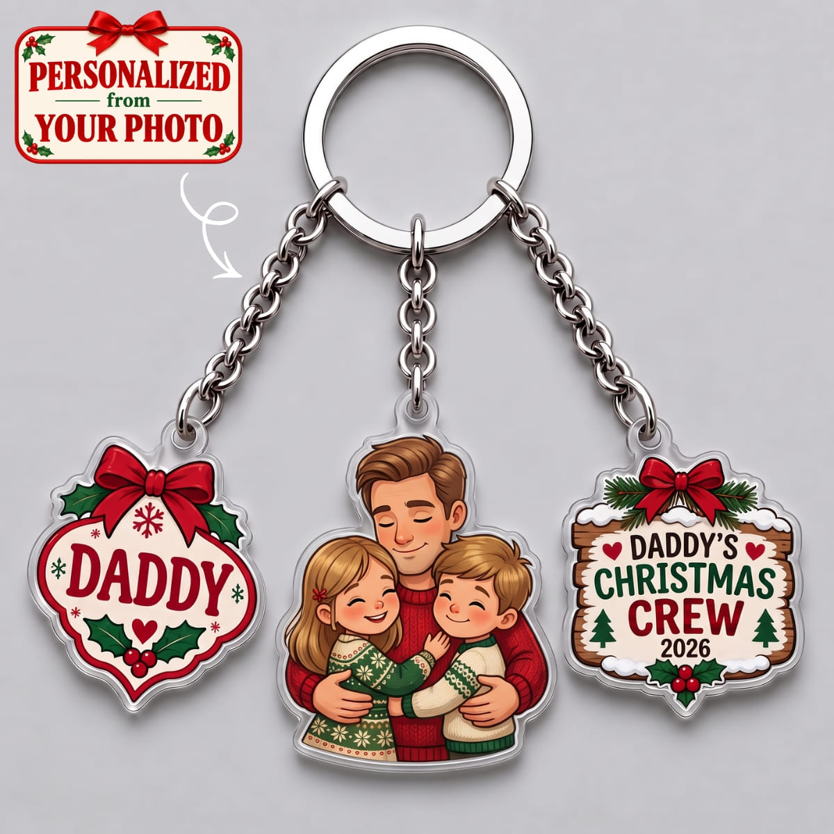 Personalized Daddy's Christmas Crew Triple Charm Keychain - Custom Photo | Christmas Gift | KC01 Family
