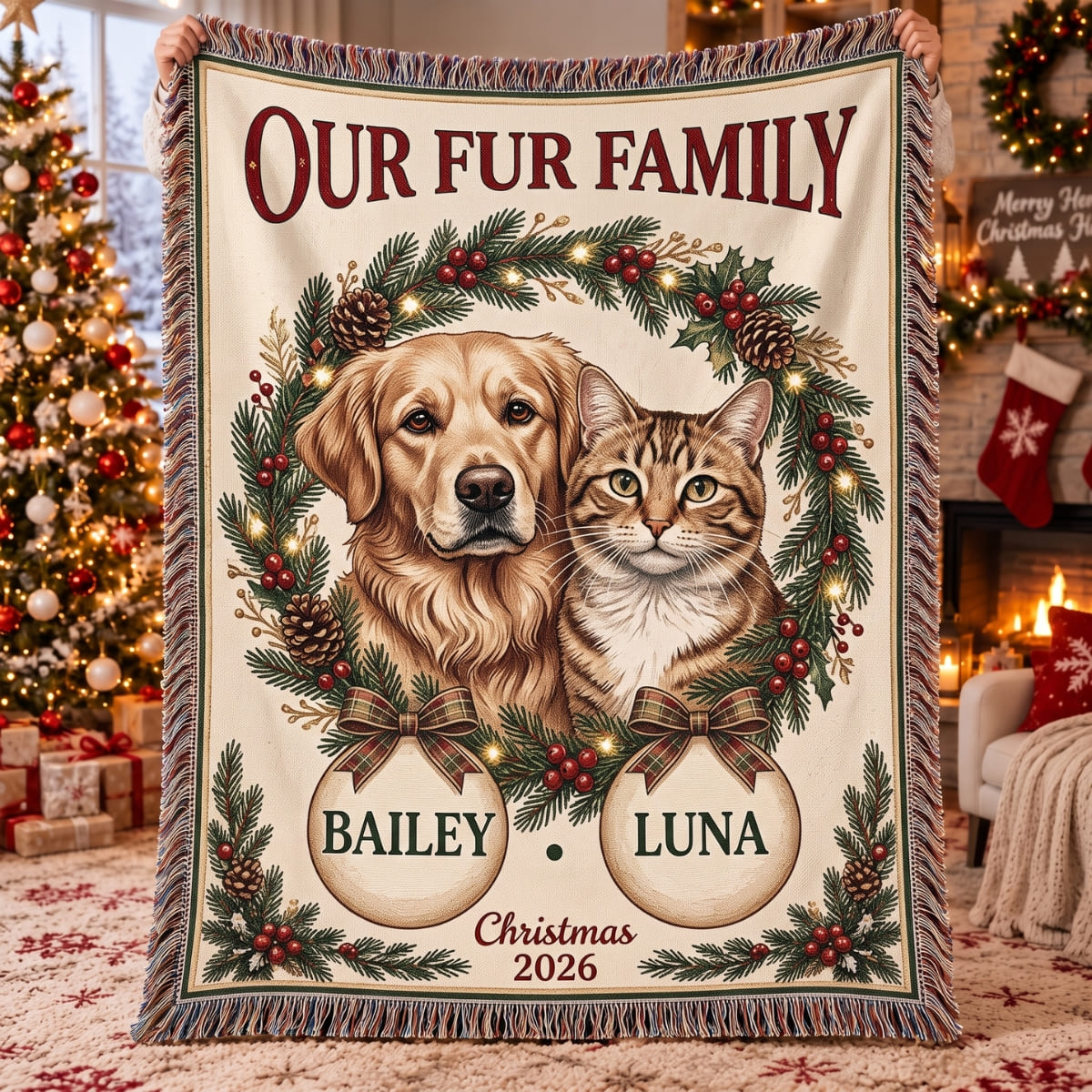 Personalized Pet Our Fur Family Woven Blanket - Custom Photo & Name | Christmas Gift | WBL01 Pets