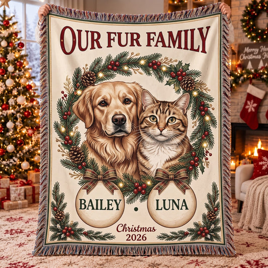 Personalized Pet Our Fur Family Woven Blanket - Custom Photo & Name | Christmas Gift | WBL01 Pets