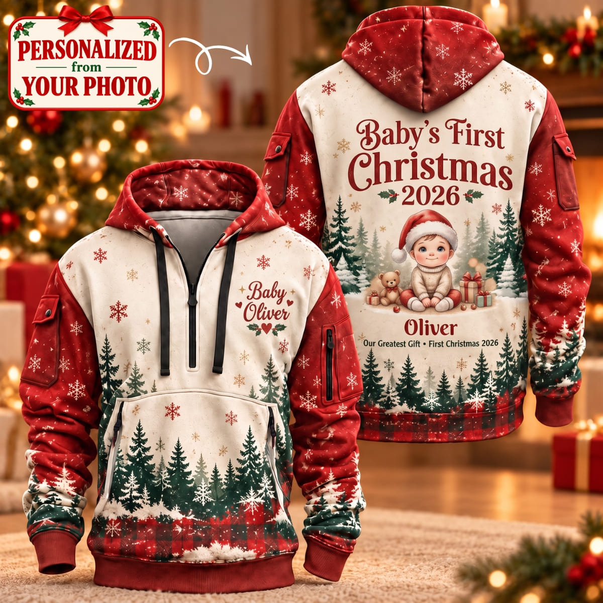 Personalized Baby's First Christmas Quarter Zipper Hoodie - Custom Photo & Name | Christmas Gift | HDZ01 Family