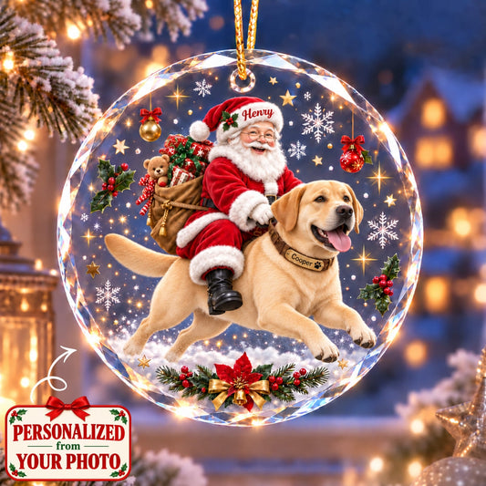 (Made In The USA) Personalized Grandpa & Pet Christmas Round Glass Ornament - Custom Photo, Name & Pet | Christmas Gift | ONM01 Family