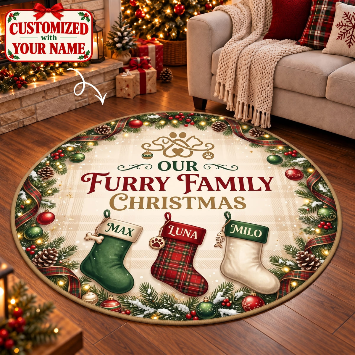 Personalized Our Furry Family Christmas Round Rug - Custom Name | Christmas Gift | RRD01 Pets