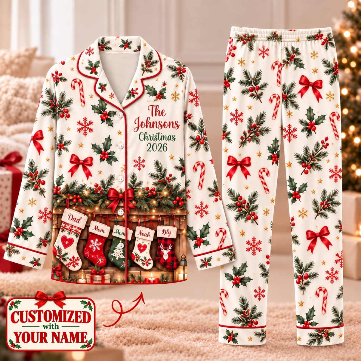 Personalized Family Christmas Long Pajama Set - Custom Name | Christmas Gift | PYM01 Family