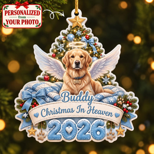 (Made In The USA) Personalized Pet Christmas In Heaven Blue Christmas Ornament - Custom Photo & Name | Christmas Gift | ONM04 Pets