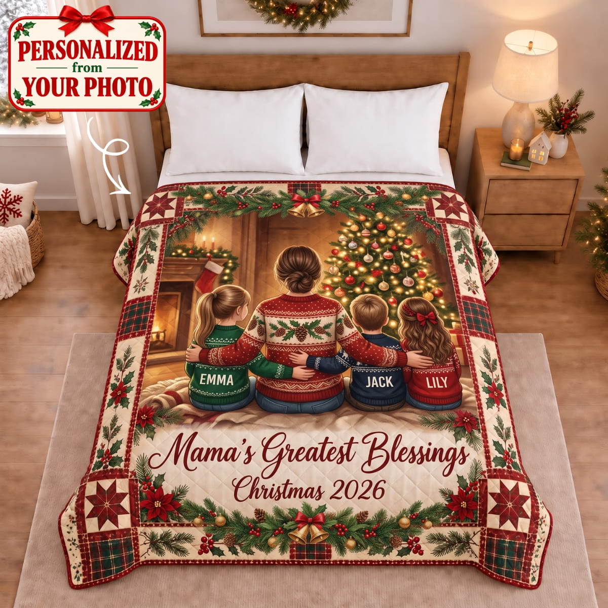 Personalized Mom's Greatest Blessings Quilted Blanket - Custom Photo & Name | Christmas Gift | QBL01 Family