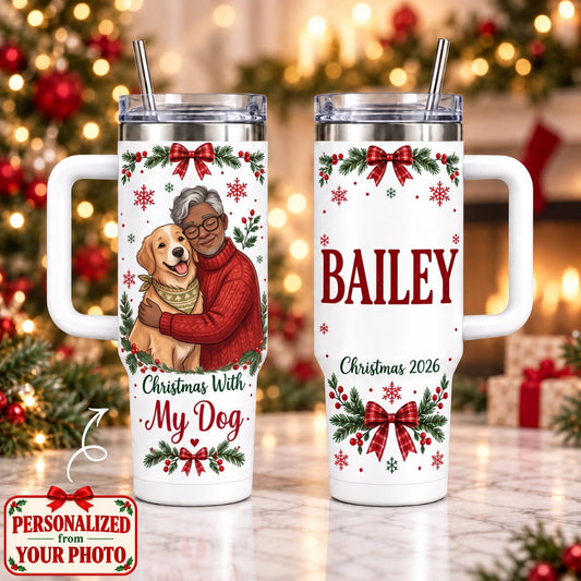 Personalized Christmas With My Dog 40oz Tumbler with Handle – Custom Photo & Names | Christmas Gift | TBL01 Pets