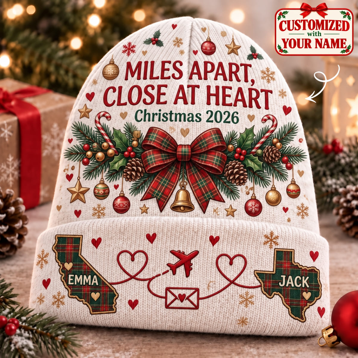 Personalized Miles Apart - Close At Heart Knitted Hat - Custom Name | Christmas Gift | ML01 Couples