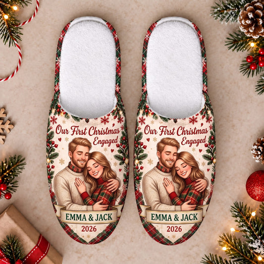 Personalized Our First Christmas Engaged Slippers - Custom Photo & Name | Christmas Gift | SLP01 Couples