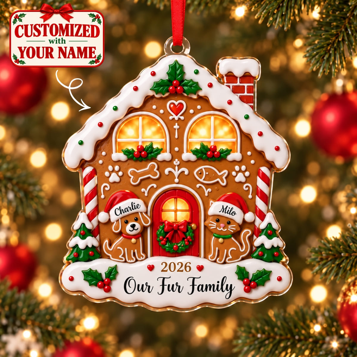 (Made In The USA) Personalized Pet Our Fur Family Christmas Gingerbread House Acrylic Ornament - Custom Name | Christmas Gift | ONM02 Pets