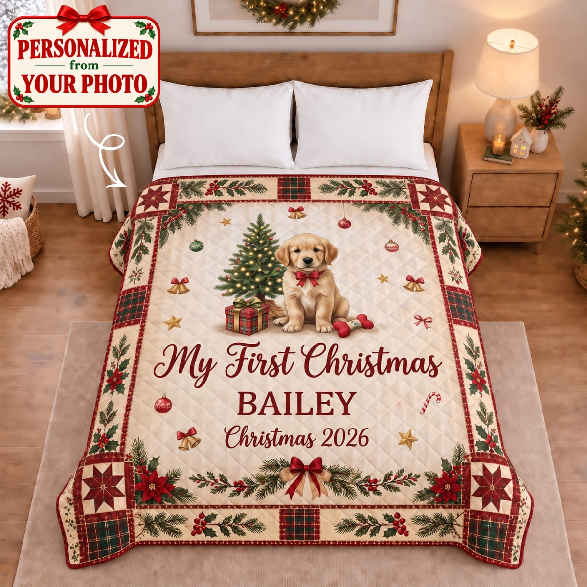 Personalized Pet My First Christmas Quilted Blanket - Custom Photo & Name | Christmas Gift | QBL01 Pets