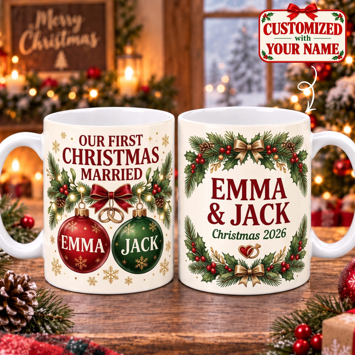 Personalized Our First Christmas Married Mug - Custom Name | Christmas Gift | MUG01 Couples