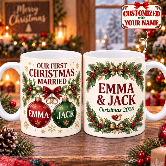 Personalized Our First Christmas Married Mug - Custom Name | Christmas Gift | MUG01 Couples